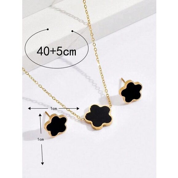 Floral Necklace Earrings Gold Tone Titanium Steel set - black - Picture 2 of 3